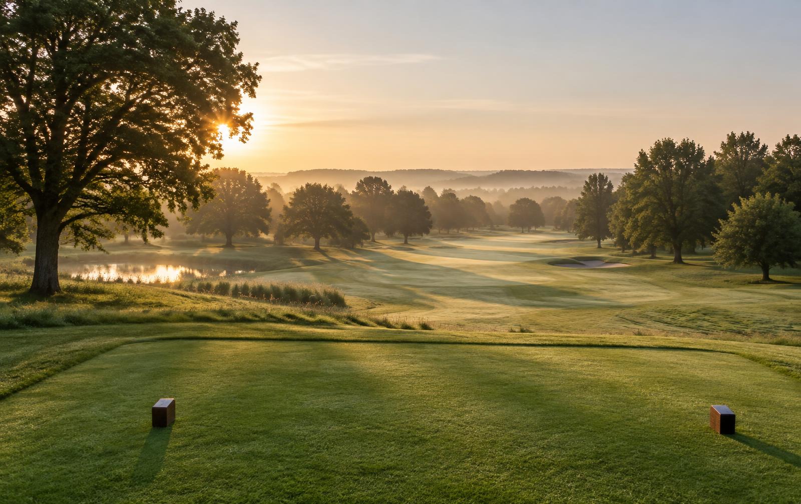 Empty tee box on a parkland golf course at sunrise